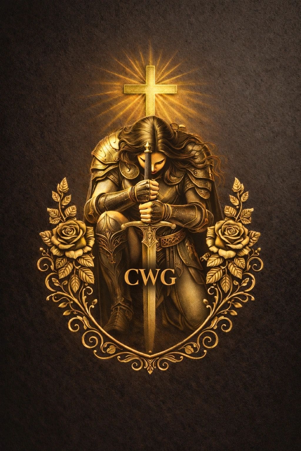 Knight kneeling with sword and cross