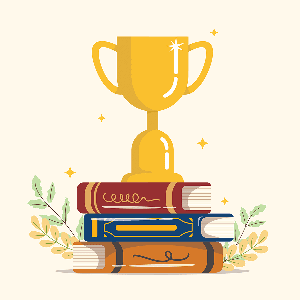 Achievement symbolized by trophy and books